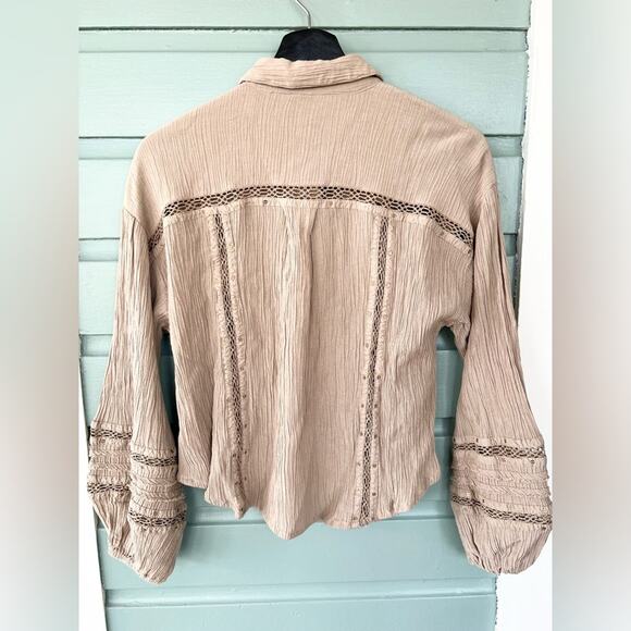 Free People Summer Stars Beige Top Small bottom bohemian balloon sleeve crochet - Picture 6 of 10